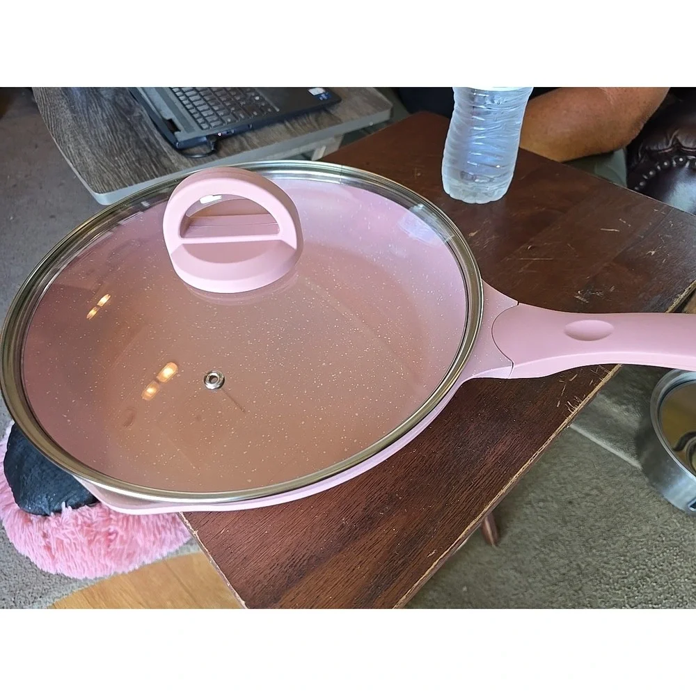 JEETEE 11 Inch Nonstick Frying Pan,‎ Stone Marble Coating With Lid Pink